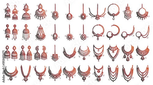 Indian Bridal Jewelry Icon Set in Hand-Drawn Style. A collection of linear icons including jhumka, necklace, nath, maang tikka, choker, ornament, earring, beads, and more. Gradient design.