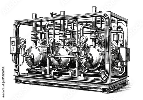 Industrial pump system with multiple units and intricate piping network