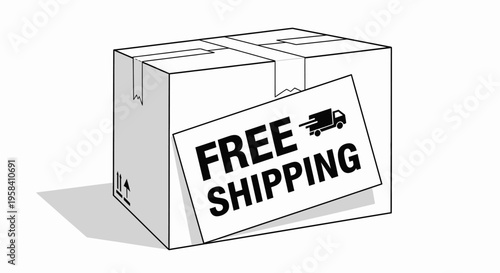 Cardboard box delivery package with "FREE SHIPPING" label and fast delivery truck icon.