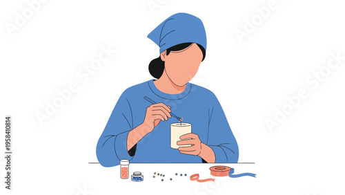 Candle Making Process: A focused artisan, adorned in a blue headscarf, meticulously crafts a candle, demonstrating the art of patience and creativity.