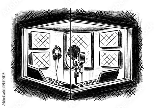 Recording studio booth with microphone, headphones, and soundproofing panels