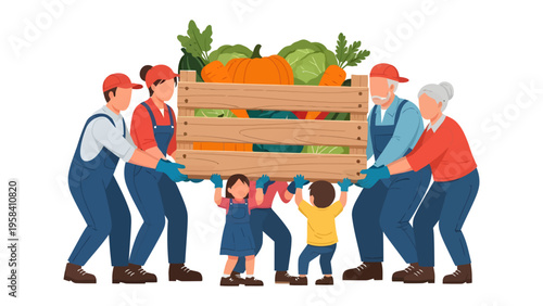 Harvest Harmony: A group of people from different generations work together to carry a wooden crate filled with a vibrant assortment of fresh vegetables.