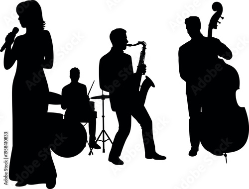 Jazz music band silhouettes with female singer, saxophonist, double bass player and drummer, live concert performance, isolated black figures on white background