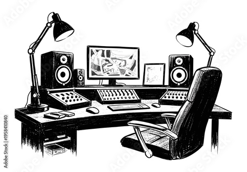 Professional recording studio setup with audio equipment and desk