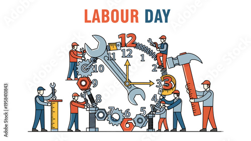 Labor Day Celebration: A group of construction workers, united in solidarity, hold up a banner proudly proclaiming Labor Day, honoring the hard work and dedication of the workforce.