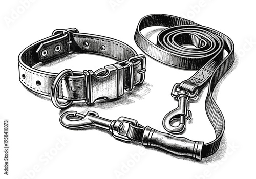 Detailed illustration of a leather dog collar and leash set on a white background
