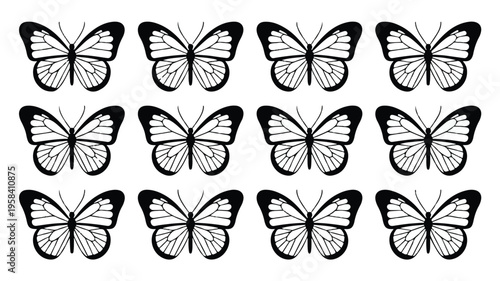 set of black butterflies on white background