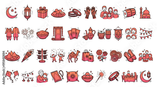 Islamic Festival Icon Set in Hand-Drawn Doodle Style. A collection of Cultural Linear Icons, including crescent moon, lantern, family, mosque, sweets, henna, prayer, beads