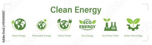 Clean Energy web banner icon set. vector illustration concept with icon of Clean Energy, Renewable Energy, Green Power, Eco Energy, Eco Power Plant, Green Technology.