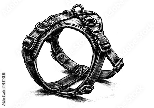 Detailed illustration of a black leather dog harness with metal buckles and rings