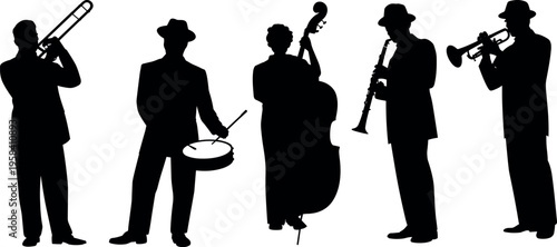 Jazz musicians silhouettes playing trombone, drum, double bass, clarinet and trumpet, live band performance concept, isolated black figures on white background