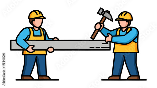 Construction Crew at Work: Two construction workers collaborate on a building project, one wielding a hammer, the other assisting with the construction material.