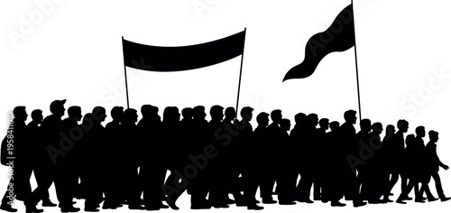 Large protest crowd silhouettes marching with flags, demonstration and social movement concept, people rally unity, isolated black figures on white background
