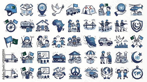 UN Peacekeeping Aid Icon Set in Blue Doodle Style. A collection of Humanitarian Linear Icons, including Pakistan military, helmet, aid truck, medical tent, peace dove, radio