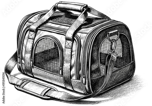 Detailed illustration of a portable pet carrier with mesh ventilation and handles