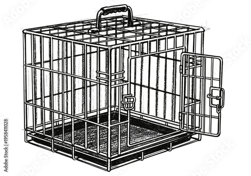 Wire dog crate with open door and carrying handle, black and white sketch