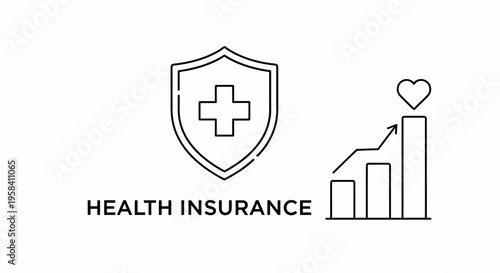 Flat line style infographic illustrating the core concepts of "Health Insurance," featuring a medical shield, an upward growth chart, and a heart symbol.