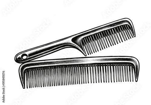 Two black and white combs, one with a handle, arranged on a white background