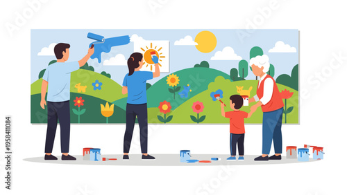 A Family's Colorful Creation: A multi-generational family joyfully paints a vibrant mural of a cheerful landscape, illustrating unity, creativity, and the joy of shared experiences.
