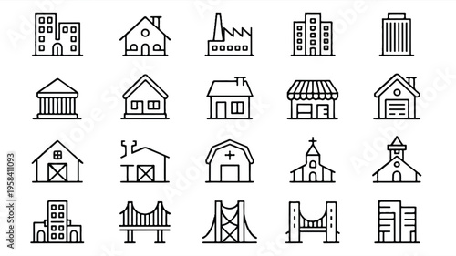 set of black line icons of buildings and bridges on white background