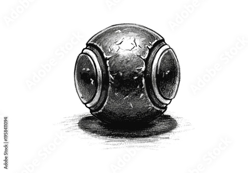 Grungy, textured, spherical object with circular indentations on sides