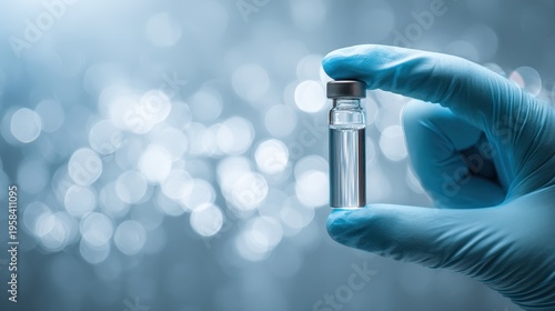 Gloved hand holding vial, centered left, clean white bokeh background