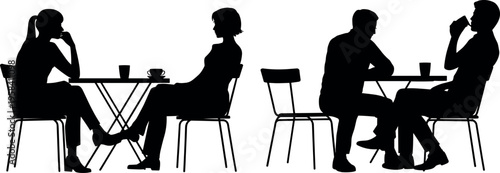People sitting at cafe tables silhouettes, conversation and coffee meeting concept, social interaction and communication, isolated black figures on white background