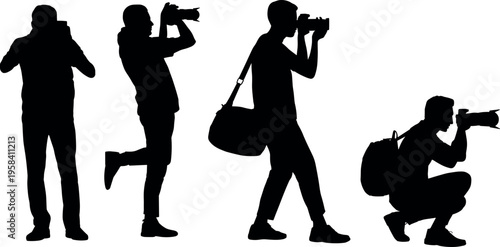 Photographer silhouettes in action taking pictures with cameras, photojournalism and creative photography concept, isolated black figures in various poses on white background