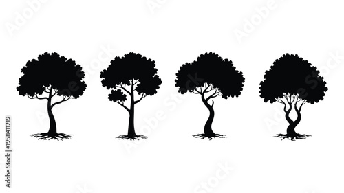 set of black silhouettes of trees with roots on white background