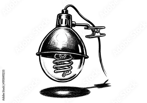 Vintage clip-on lamp with exposed spiral filament bulb and textured shadow