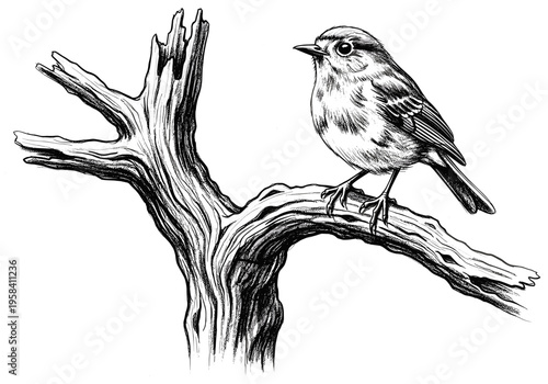 Detailed ink drawing of a small bird perched on a gnarled, dead tree branch