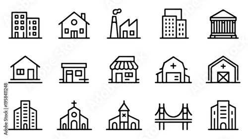 set of black line icons of various buildings and structures