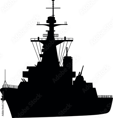 Modern naval warship silhouette, military vessel with radar and weapons systems, maritime defense concept, isolated black ship on white background