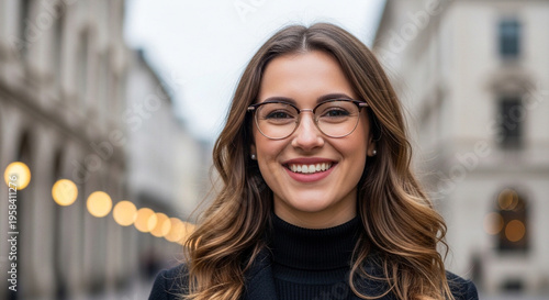 Smiling young woman with long brown hair and glasses on city street with blurred background