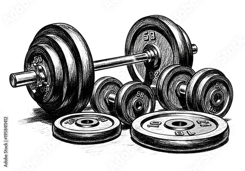 Vintage barbell and dumbbells set for strength training and fitness