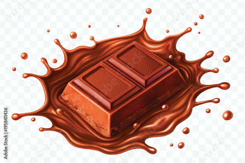 abstract 3d chocolate bar into liquid chocolate splash with bubbles in curve style isolated on transparent background