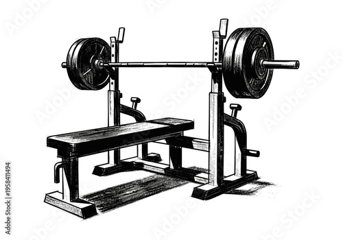 Weightlifting bench press station with barbell and weights for strength training