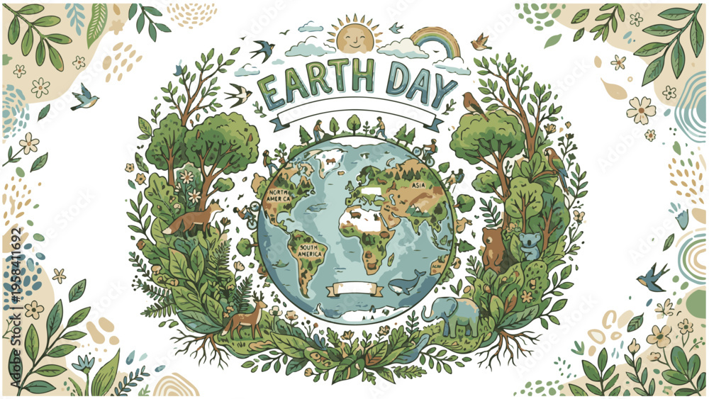 Obraz premium Detailed Earth Day Banner with World Map, Animals, and Botanical Border