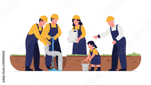Community Collaboration for Water Solution: A collective effort sees a group of dedicated individuals working together to mend a water pipe, ensuring a precious resource for all.