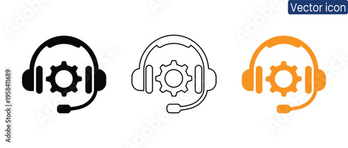 Vector icons of headsets with gears, ideal for customer support, technical service, and gear or settings concepts.