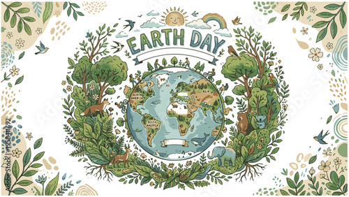Detailed Earth Day Banner with World Map, Animals, and Botanical Border