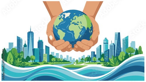 Hands Holding Earth Globe Over Modern Cityscape and Ocean Waves Illustration
