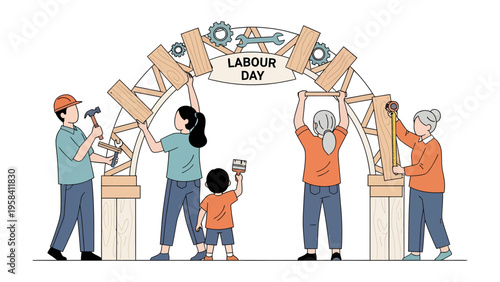 Labour Day Construction: A team of diverse individuals collaboratively constructs a symbolic archway, celebrating the spirit of Labour Day. Capturing themes of unity, achievement.