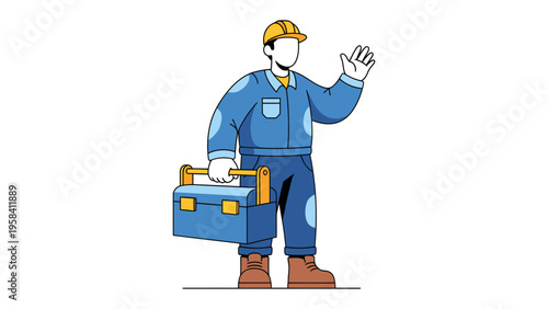 Construction Worker with Toolkit: An illustration depicting a construction worker in uniform, confidently holding a toolbox while gesturing a friendly greeting.