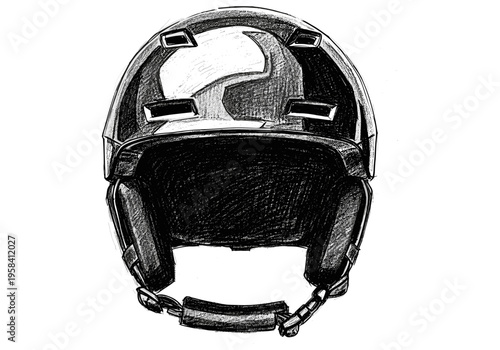 Black hockey helmet sketch with chin strap and ventilation details