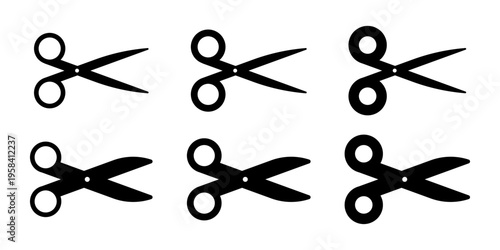 Set of black scissors icons isolated on white background. Different styles of cutting tool silhouettes for web design and paper craft. Simple graphic collection of hair stylist tools. Vector illustrat
