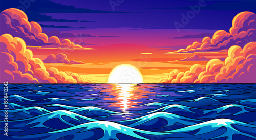 Beautiful Ocean Sunset Vector Illustration with Fiery Clouds and Reflecting Sun