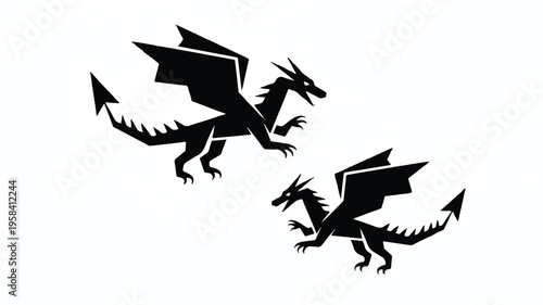 Two black dragons flying on white background