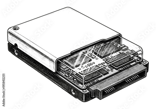 Cutaway illustration of a solid state drive showing internal components and circuitry