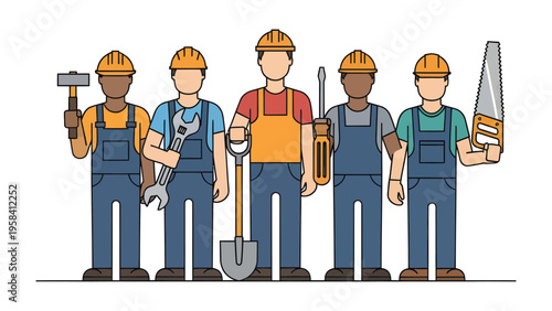 Skilled Workforce: A diverse team of construction workers stands ready, each equipped with their respective tools and protective gear, embodying a spirit of hard work and collaboration.